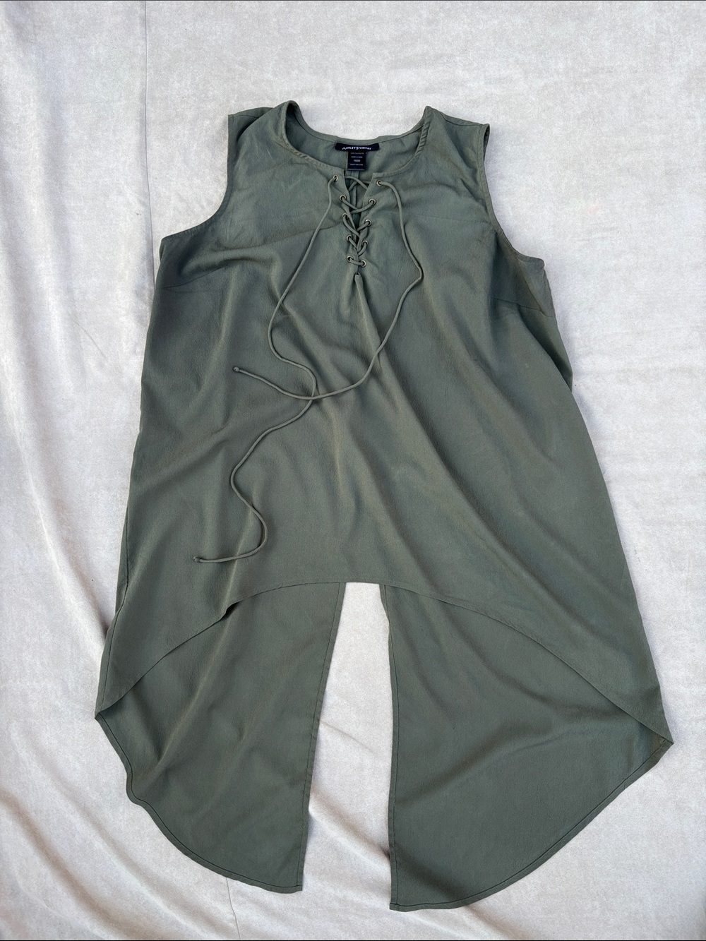 💚PLUS Ashley Stewart Sleeveless Lace-Up High-Low Tunic Top -Olive Green 18-20